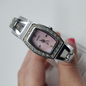 Vintage Fossil F² Watch ES9722 Pink Mother Of Pearl Silver Band Watch